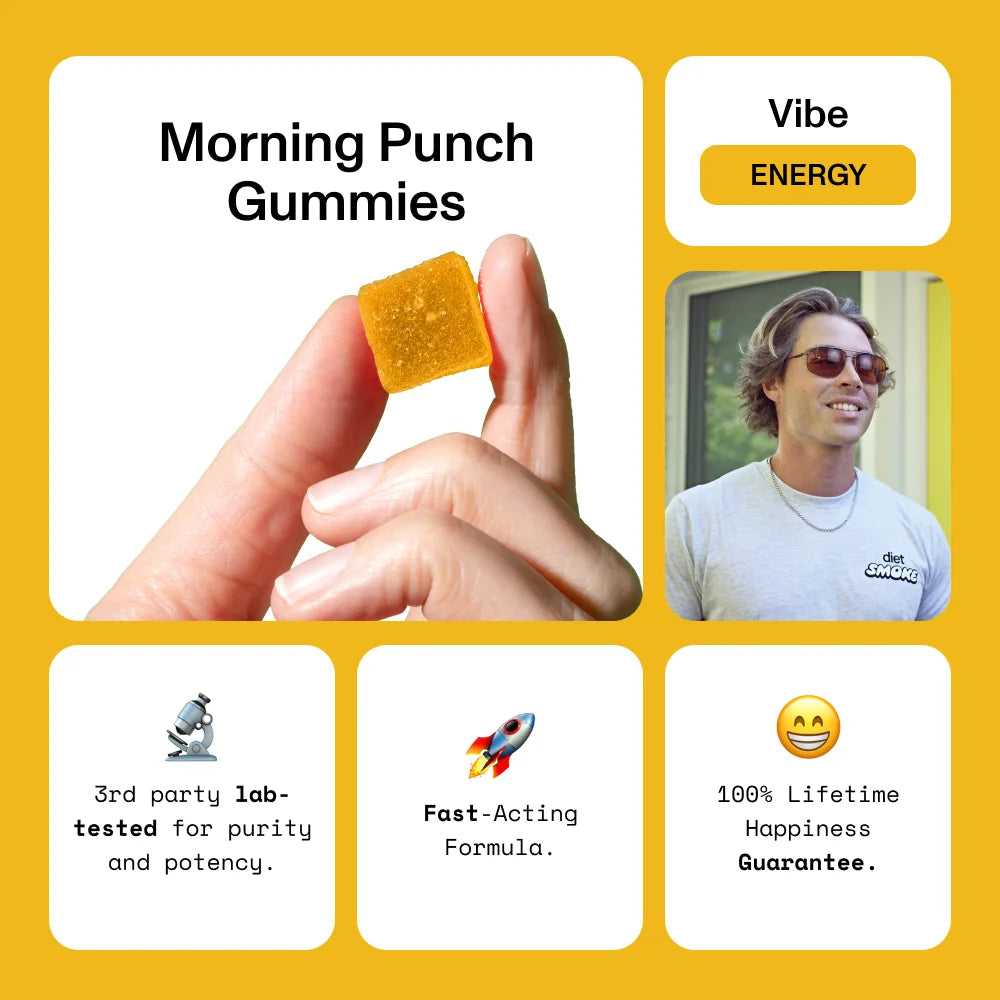 Morning Punch Gummies with energy vibe, featuring a hand holding a gummy and text about lab testing, fast-acting formula, and happiness guarantee.