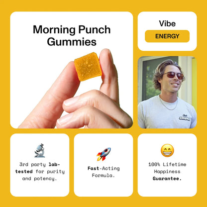 Morning Punch Gummies with energy vibe, featuring a hand holding a gummy and text about lab testing, fast-acting formula, and happiness guarantee.