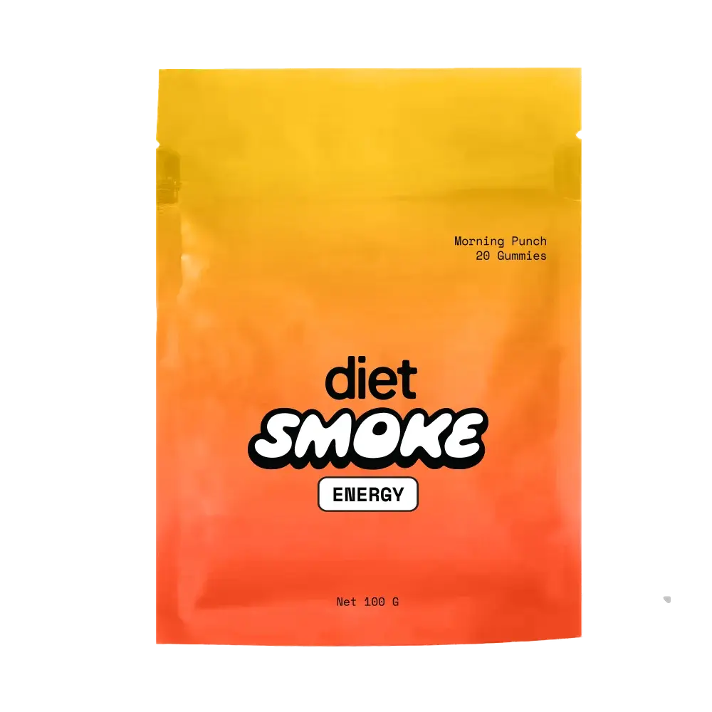 Morning Punch gummies packaging featuring vibrant orange and yellow colors with text indicating 'diet SMOKE ENERGY' and '20 Gummies'