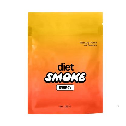 Morning Punch gummies packaging featuring vibrant orange and yellow colors with text indicating 'diet SMOKE ENERGY' and '20 Gummies'