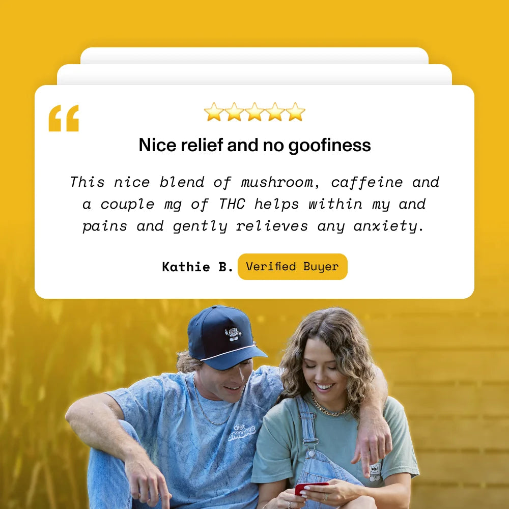 Testimonial from Kathie B.: "Nice relief and no goofiness. This nice blend of mushroom, caffeine and a couple mg of THC helps within my pains and gently relieves any anxiety."