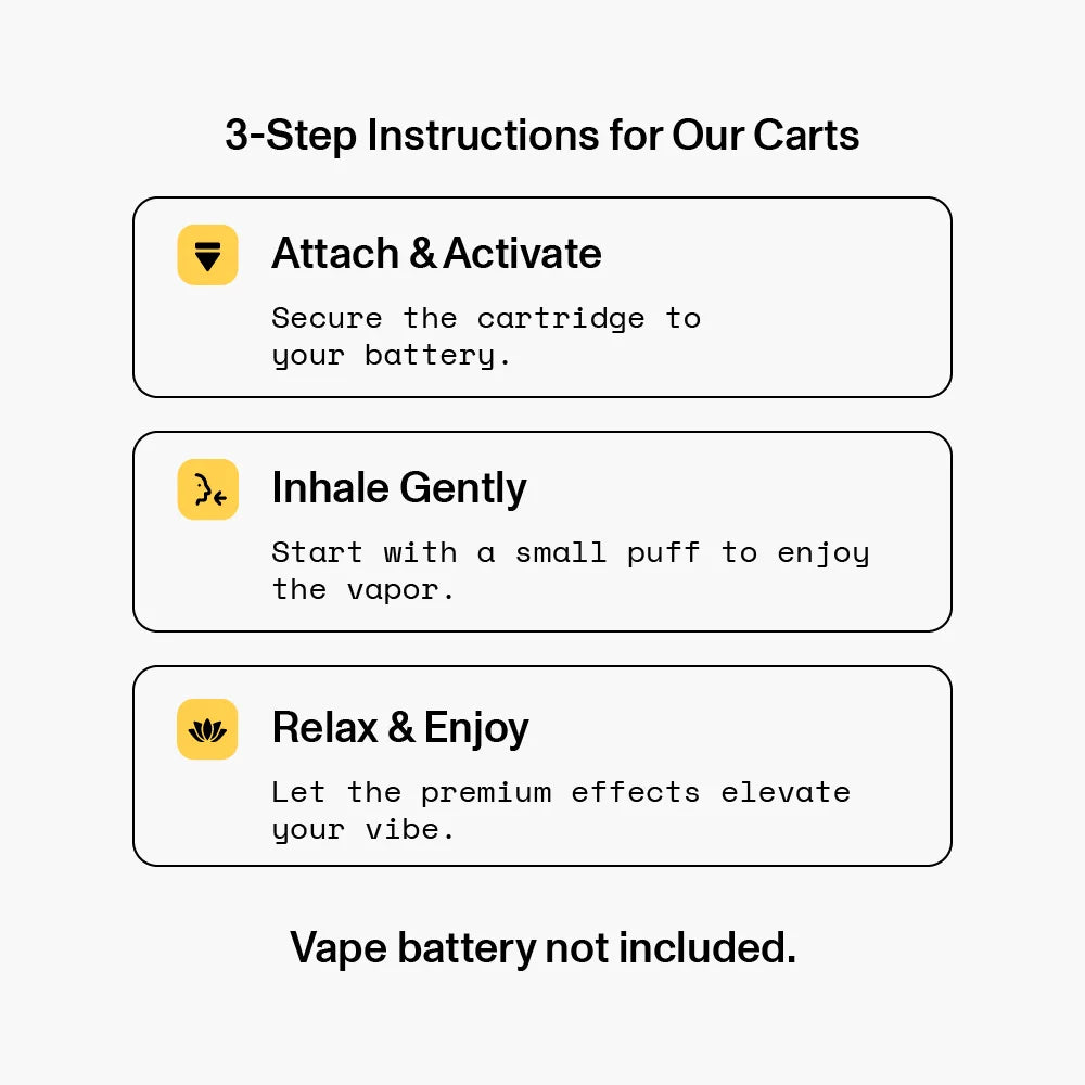 3-Step Instructions: Attach & Activate, Inhale Gently, Relax & Enjoy. Vape battery not included.