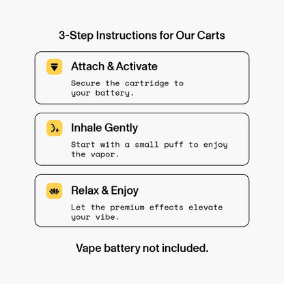 3-Step Instructions: Attach & Activate, Inhale Gently, Relax & Enjoy. Vape battery not included.