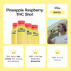 Pineapple Raspberry THC Shot with product details and a person drinking it