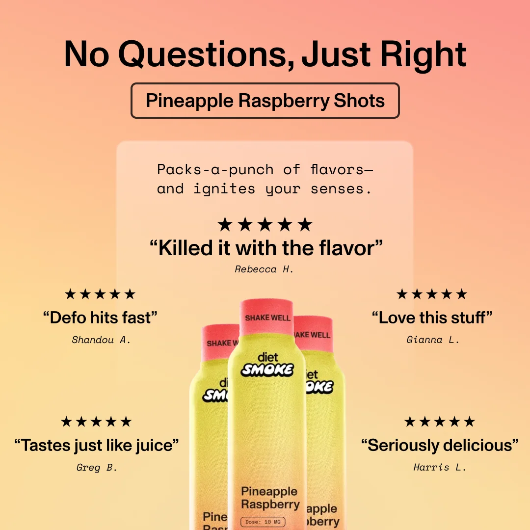 Pineapple Raspberry THC Shot with user reviews: 'Killed it with the flavor', 'Defo hits fast', 'Tastes just like juice', 'Love this stuff', 'Seriously delicious'