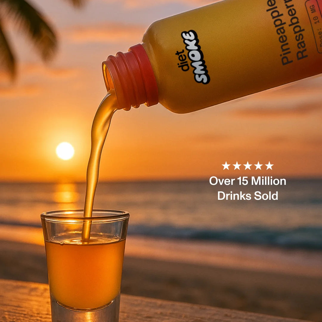 Pineapple Raspberry THC Shot being poured into a glass at sunset. Over 15 Million Drinks Sold.