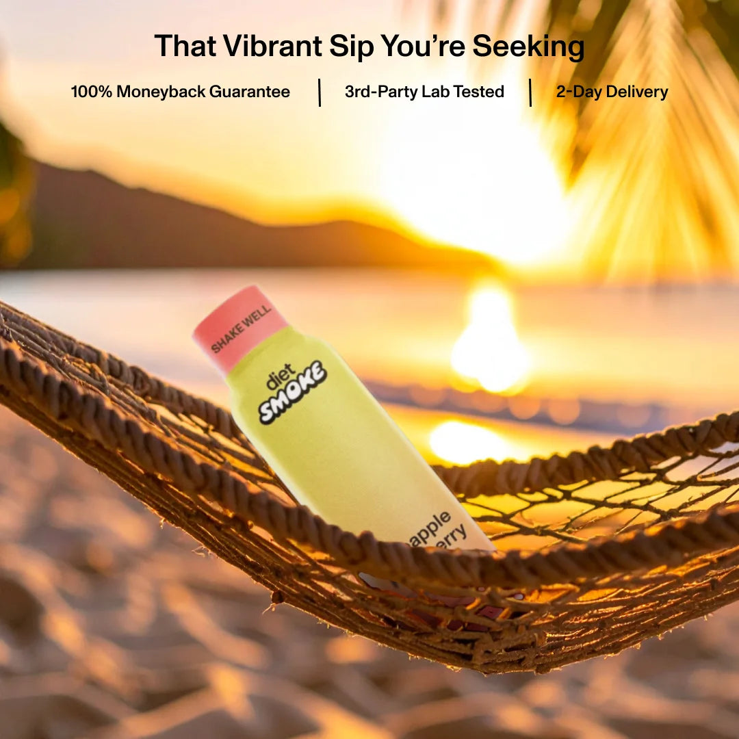 Pineapple Raspberry THC Shot with text: 'That Vibrant Sip You’re Seeking 100% Moneyback Guarantee 3rd-Party Lab Tested 2-Day Delivery'