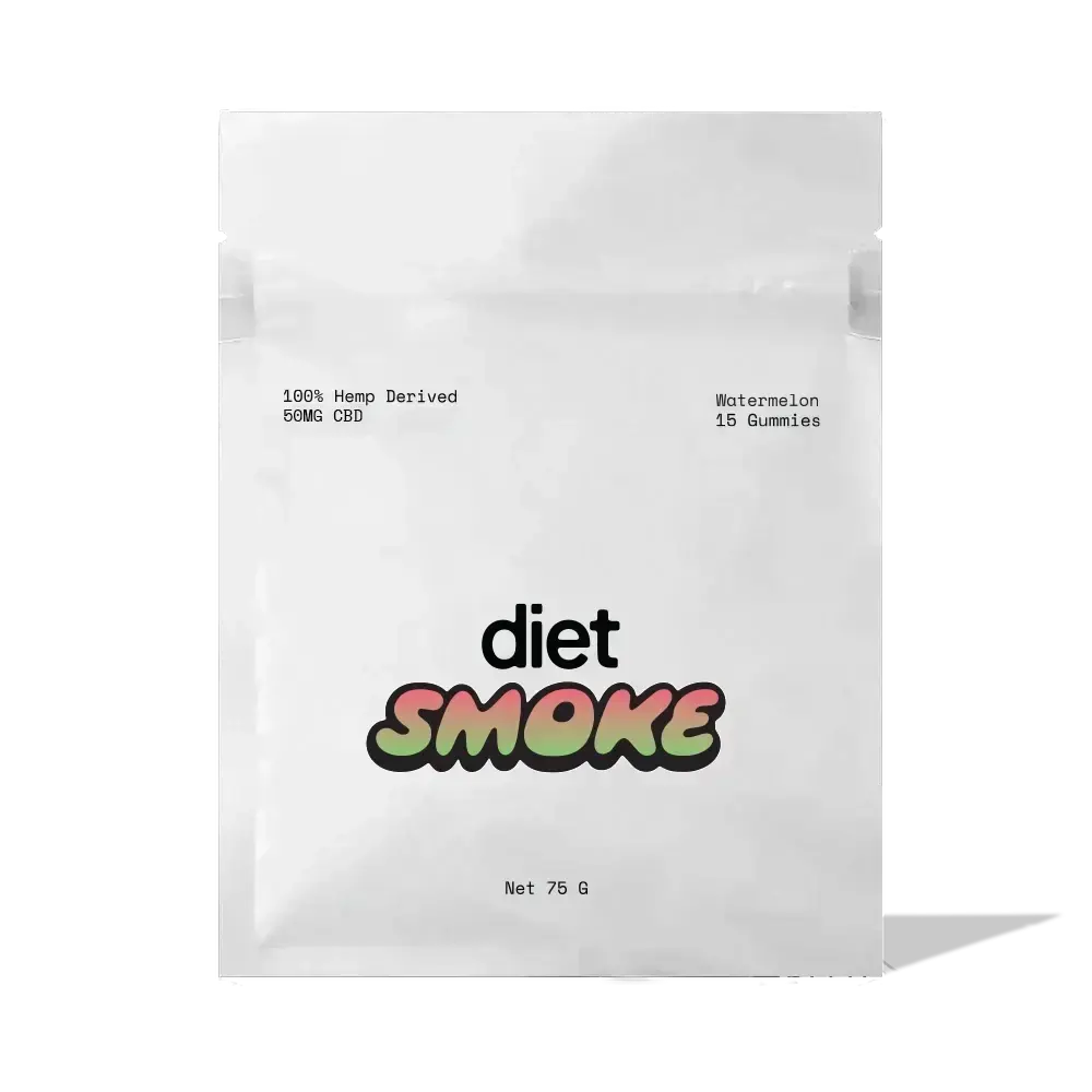 Diet Smoke Watermelon Gummies package, 100% hemp derived, 60mg CBD, 15 gummies