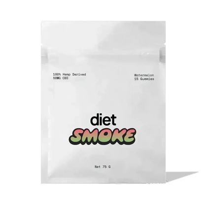 Diet Smoke Watermelon Gummies package, 100% hemp derived, 60mg CBD, 15 gummies