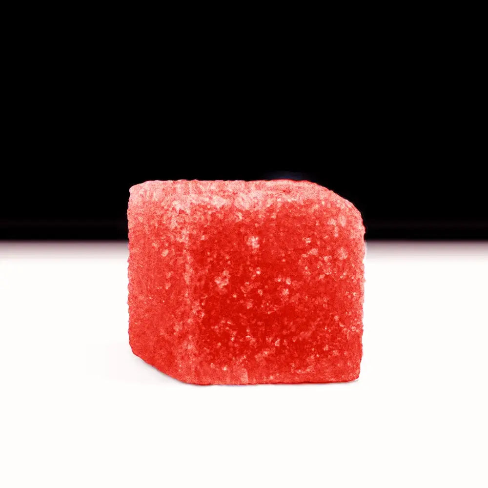 A red gummy cube representing Watermelon OG Gummies, high THC, 200mg per gummy.
