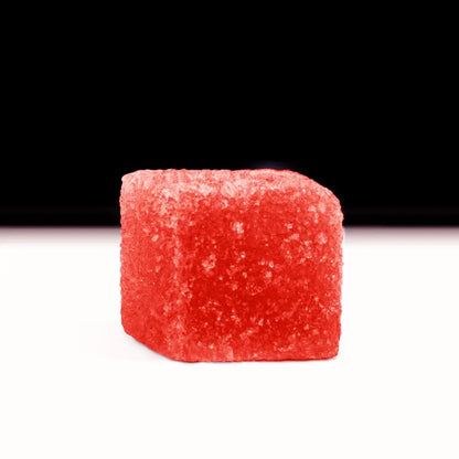A red gummy cube representing Watermelon OG Gummies, high THC, 200mg per gummy.